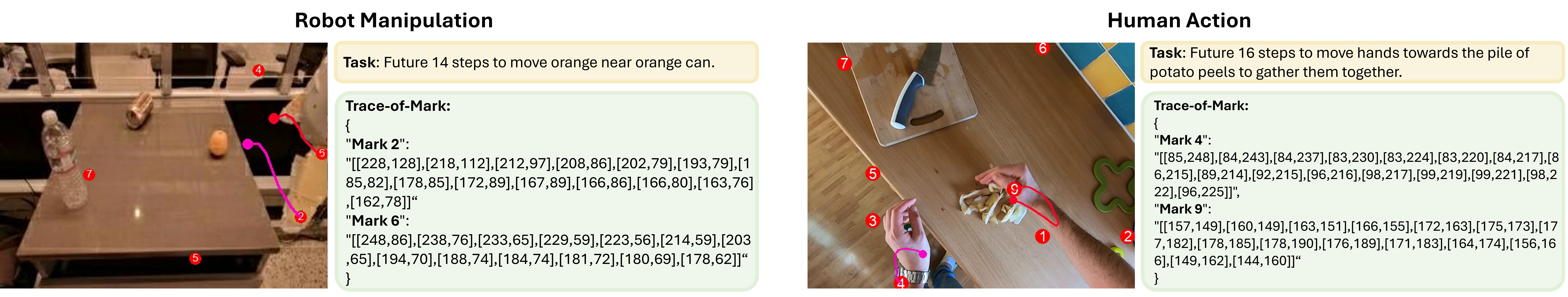 Trace-of-Mark (ToM) for Action Planning. Trace-of-Mark supervisions for robot manipulation and human action. It compels the model to comprehend temporal video dynamics and anticipate future states before acting, while using fewer tokens than next-frame prediction to capture longer temporal horizons and action-related dynamics without ambient distractions