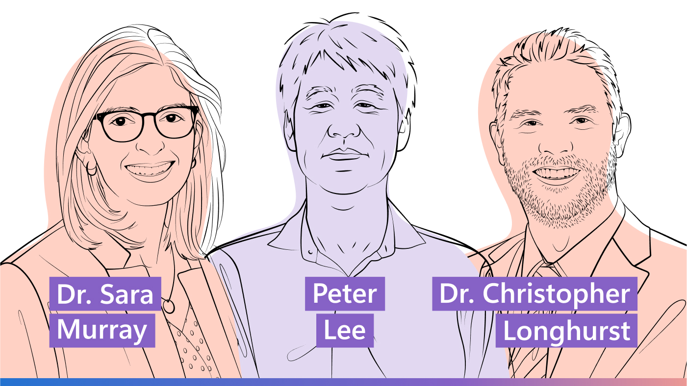 AI Revolution podcast | Episode 1 - The reality of generative AI in the clinic | outline illustration of Dr. Sara Murray, Peter Lee, Dr. Christopher Longhurst