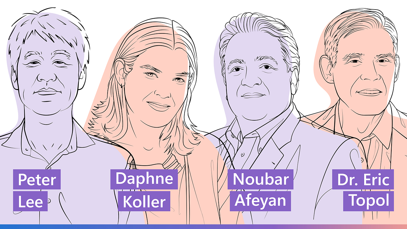Illustrated images of Peter Lee, Daphne Koller, Noubar Afeyan, and Dr. Eric Topol for the Microsoft Research Podcast