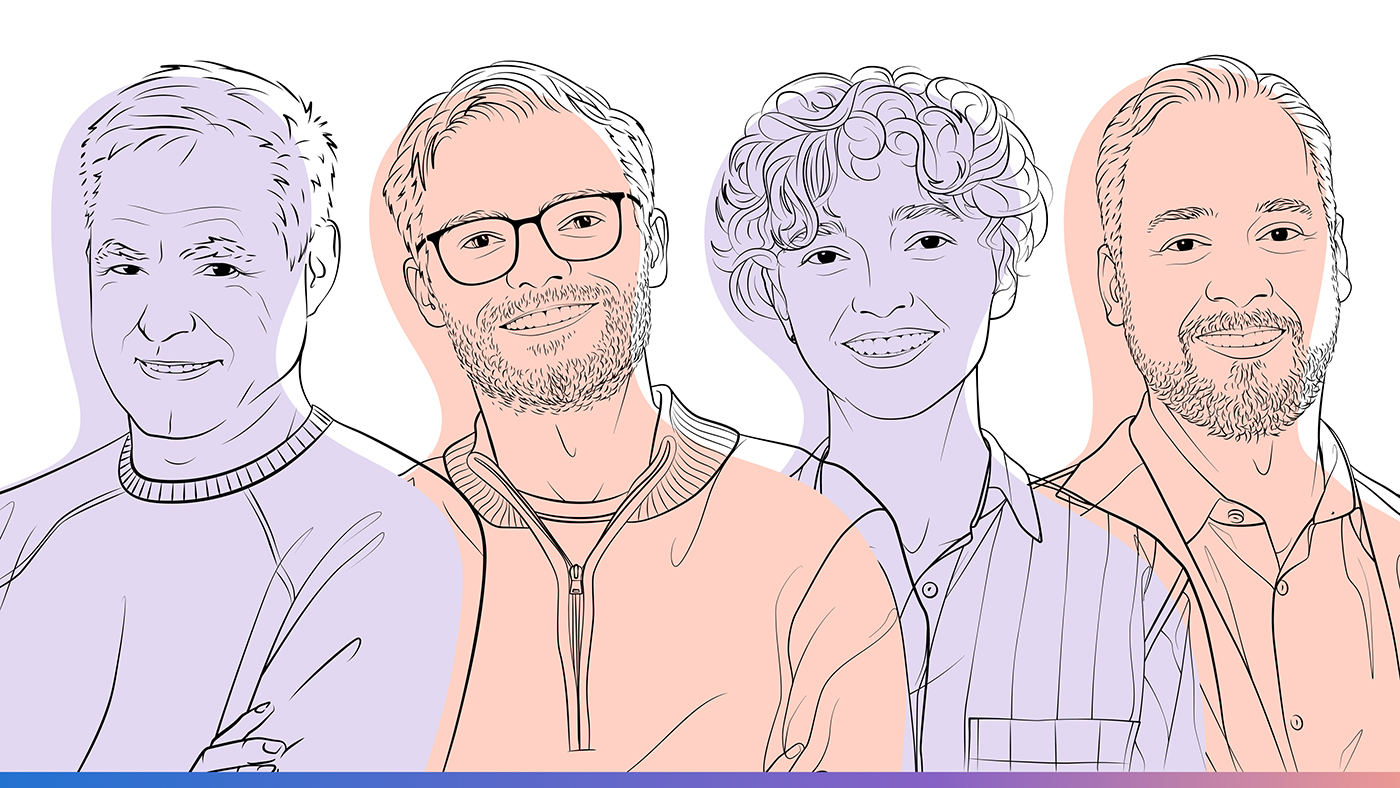 Illustrated headshots (from left to right): Eric Horvitz, Bruce Wittmann, Tessa Alexanian, and James Diggans.