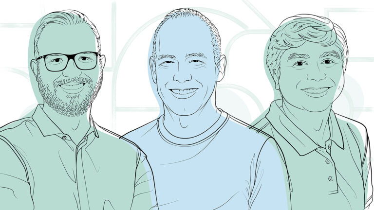 The Shape of Things to Come podcast | illustration of Nicolo Fusi, Doug Burger, and Subutai Ahmad